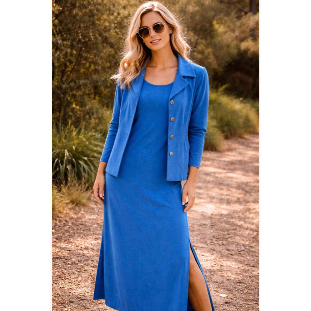 Jane Ashley Blue Sleeveless Maxi Dress & Button Jacket Set Size M Stretch
Capsul